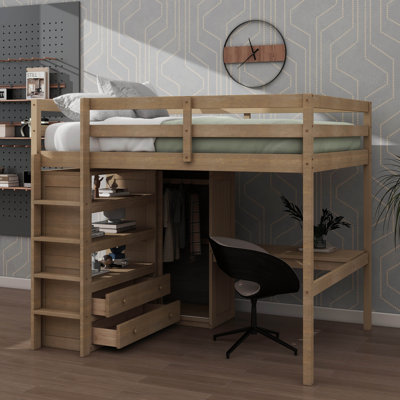 Lit mezzanine double en bois avec garde-robe, bureau, tablettes de rangement et tiroirs