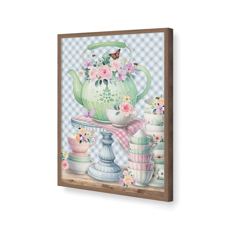 «In the Kitchen Teapot and Cups» par Nicole DeCamp, reproduction d'art, L 36 x H 48, Brun, Impression encadrée