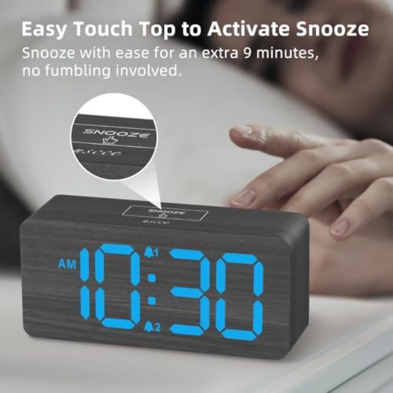 Réveils numériques en bois pour chambre à coucher avec affichage à intensité variable de 0 à 100%, Grey/Blue