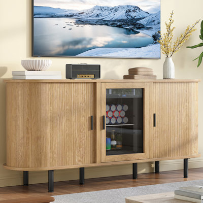 Buffet 70 "Mid-Century Modern Coffee Bar avec réfrigérateur à boissons, tablettes réglables et rangement pour la salle à manger ou le salon, chêne clair