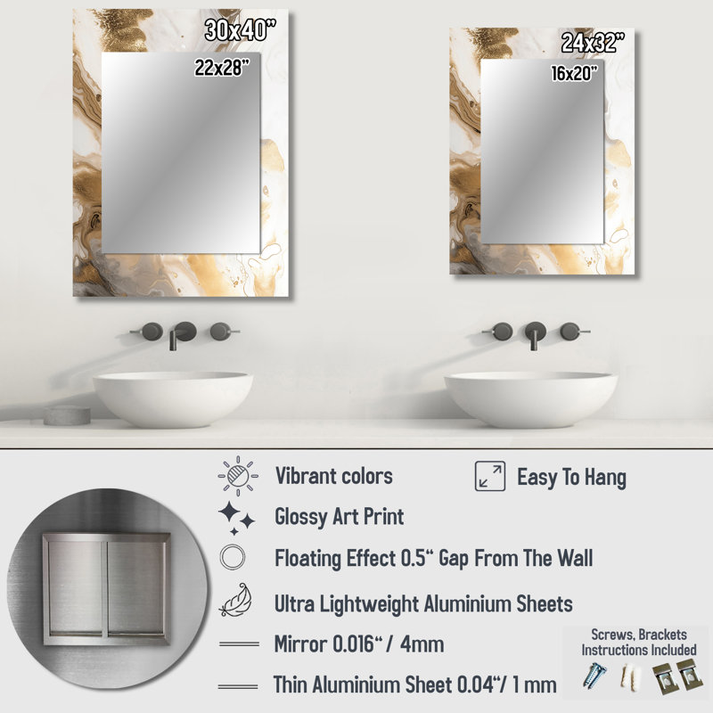 Or et gris A Marble Effect IV - miroir décoratif en marbre, miroir mural moderne, impression d'art en métal, 40 po x 30 po