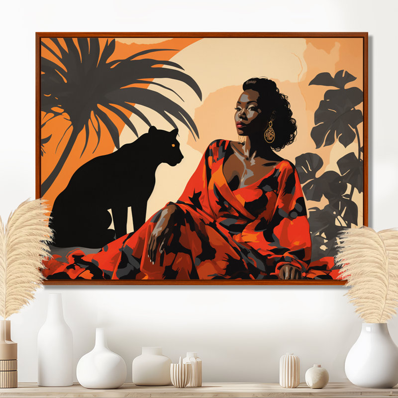 Panthère noire avec femme aimable compagnon - art mural animal de panthère, Toile avec cadre flottant brun