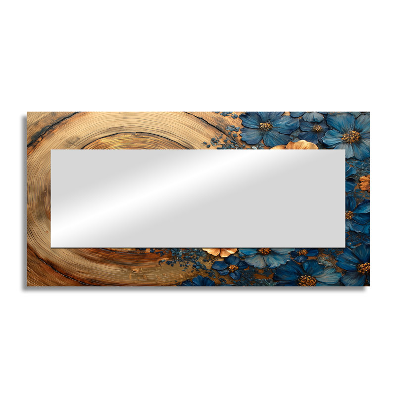 «Aqua Cornflowers» par Wooden River Landscape I - miroir floral pour décoration murale - imprimé sur métal, 28 po x 55 po