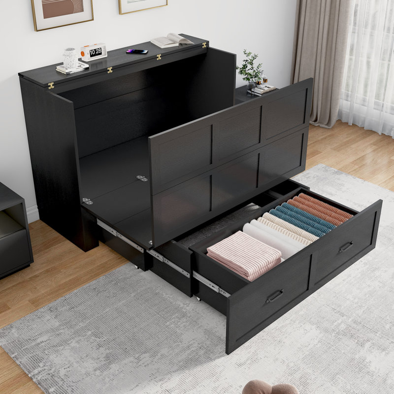 Queen Size Murphy Chest Bed with Drawer and Charging Station, Farmhouse Wood Space-Saving Hidden Folding Beds Chest, Multifunctional Storage Cabinet Bed