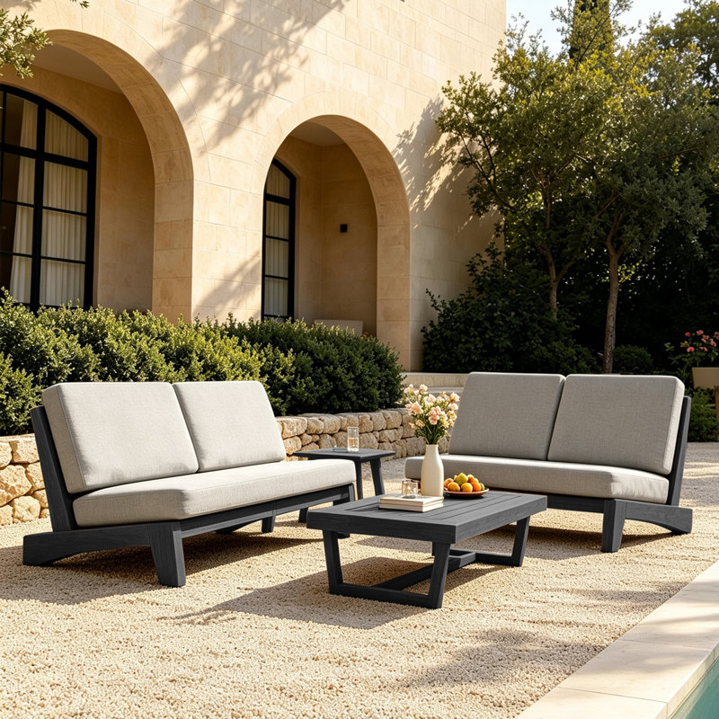 Ensemble de conversation extérieur Polett en bois massif, 4 Pcs: 2 Tables, Loveseats, Sofa, Chameau clair, Black