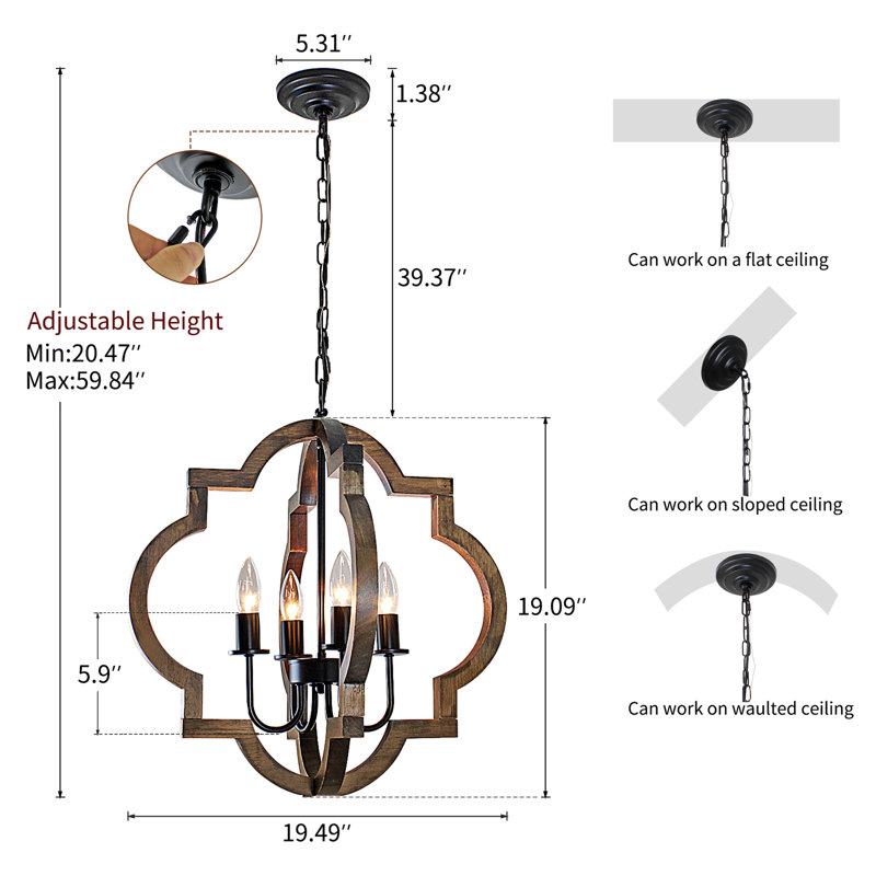 Lustre rustique en bois orbe 4 lumières pour îlot de cuisine 19,49 po Rustic, Brun clair/noir