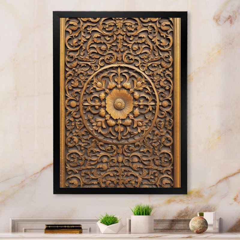 Porte en bois sculpté rétro sur toile, H 44 po x l 34 po x P 1,5 po, Cadre simple noir