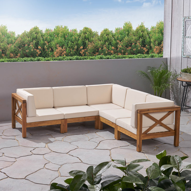 Ensemble de conversation modulaire avec coussins 5 pièces Luthersville, Structure teck / coussin beige