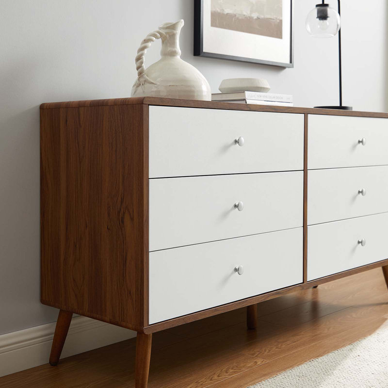 Mid-Century 60'' White and Walnut Dresser with Chrome Pulls