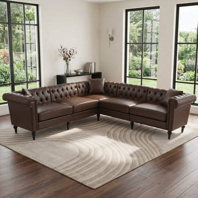 99.49" W Sectional Sofa Couch For Living Room, L Shaped Reversible Modern Chesterfield Sofa With Rolled Arms And Nailhead, 5 Seat Tufted Couch For Small Or Large Space(Dark Brown) PU Leather