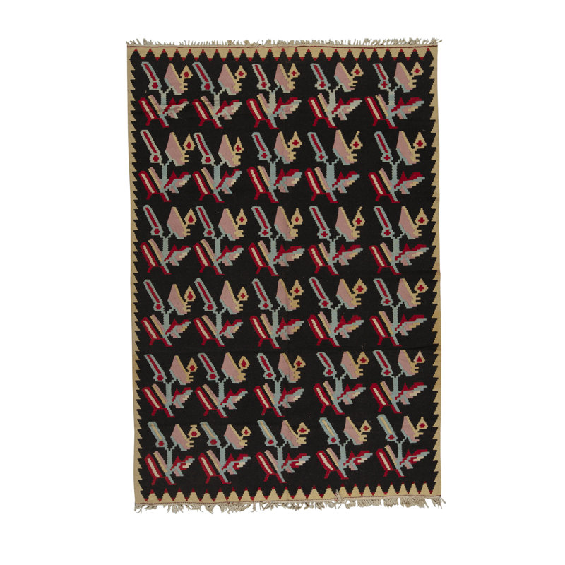 Tapis en laine noué à la main en noir / rouge / rose