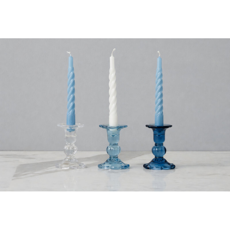 Glass Scalloped Candlesticks, Clear/Denim/Navy