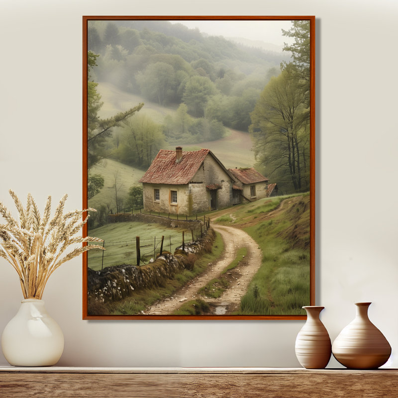 Green Brown Vintage Summer Farm Cottage I - French Landscape Wall Art, Brown Floater Frame, 30" H x 40" W