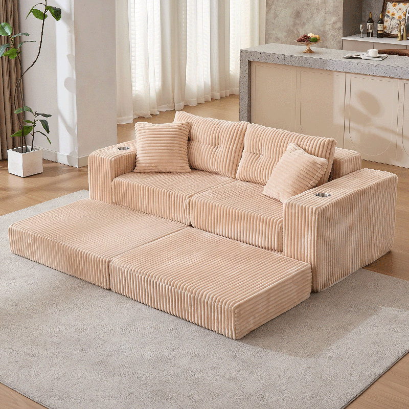 Boneless 80” W Modular Compression Sofa With Ottoman, High Rebound Density Sponge Sofa, Cream