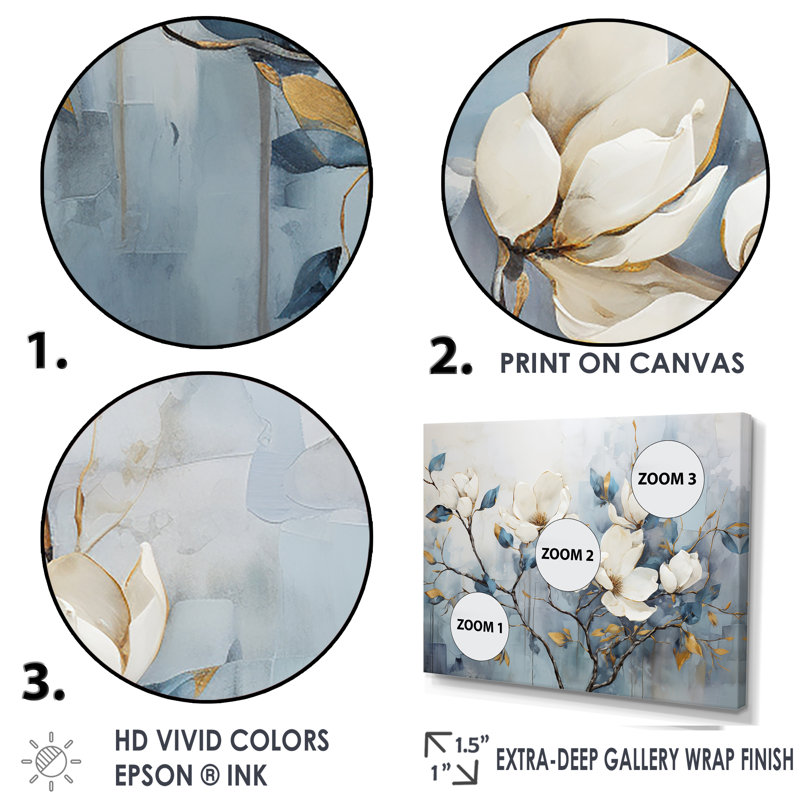 Elegant White and Blue Magnolias Tranquillity - Print on Canvas, 24" H x 32" W x 1" D, Wrapped Canvas