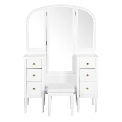 Bureau de coiffeuse antique avec miroir triple, ensemble de coiffeuse à 6 tiroirs avec tabouret, miroir pleine grandeur pour le vestiaire de la chambre à coucher, blanc
