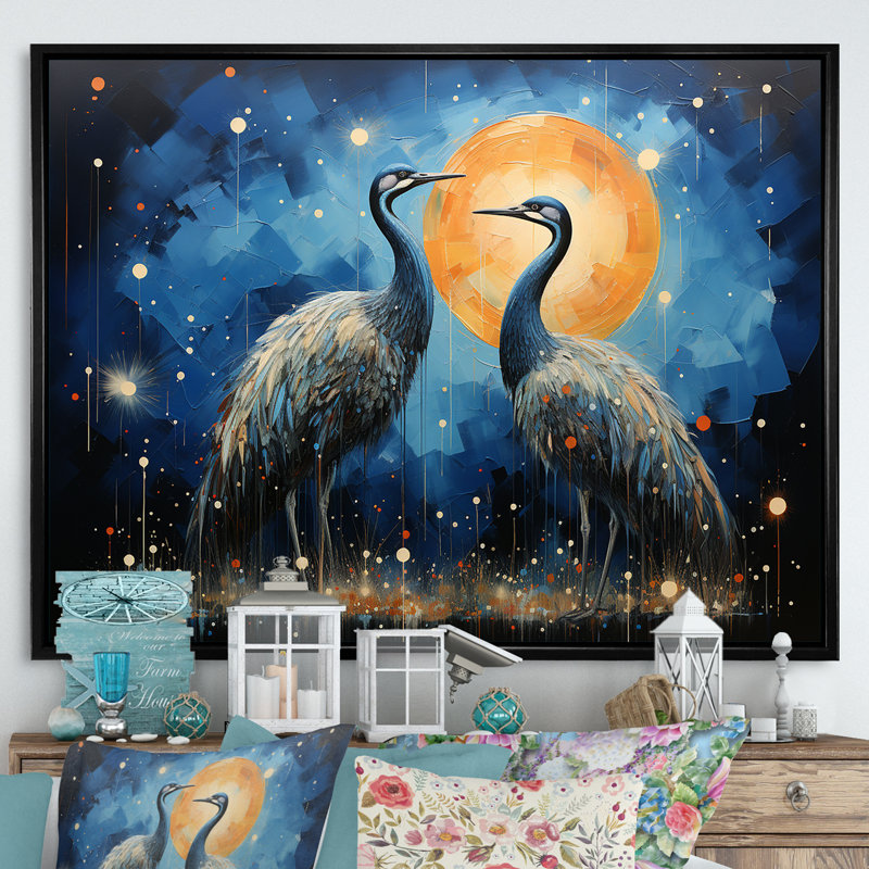 «Moonlight Celestial Wanderers Autruches», reproduction sur toile, H 12 po x l 20 po x P 1 po, Cadre flottant noir