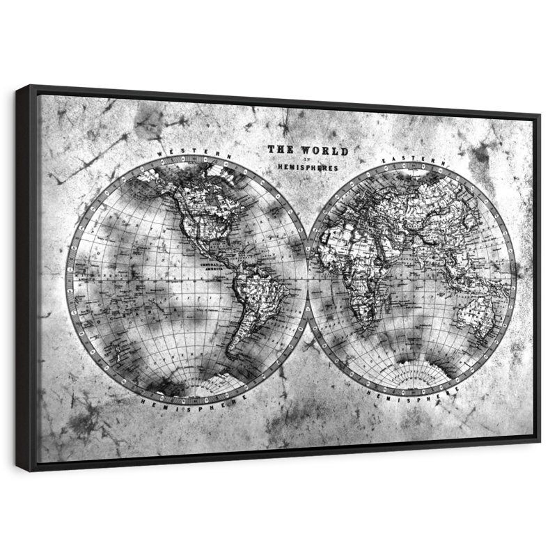 Hemispheres Contrast World Hatch, Floating Frame Black, 43" X 29"