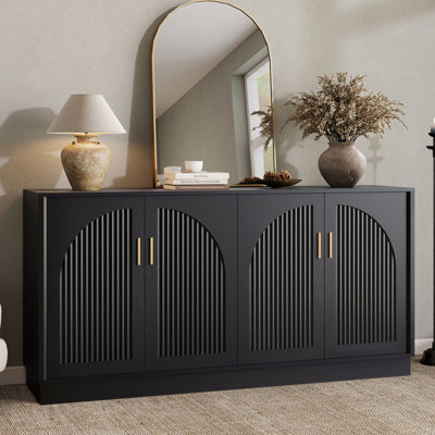 Buffet avec portes arquées cannelées, buffet moderne de 63 po et meuble télé pour le salon, noir