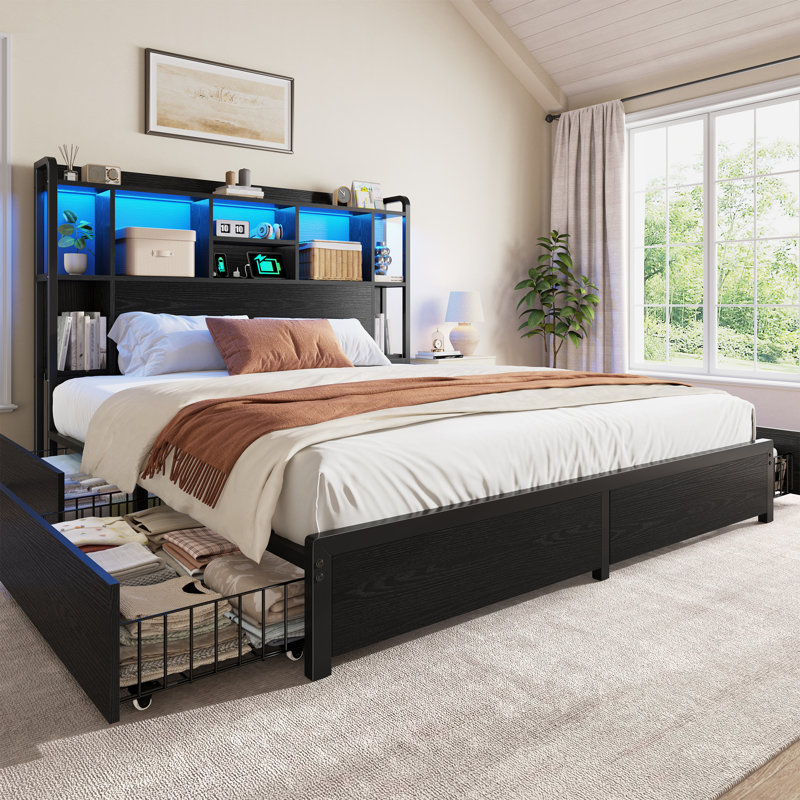 Tall Headboard Full Bed Frame With 4 Storage Drawers & Built-in Usb Chargingge, Adjustable Led Lighting,Black, Black, Full