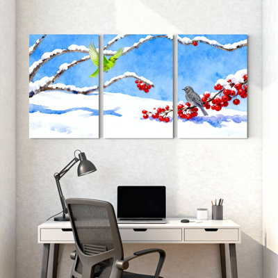 «Birds Winter Birds Snow Berries Branches Sky», ensemble de 3 impressions sur toile