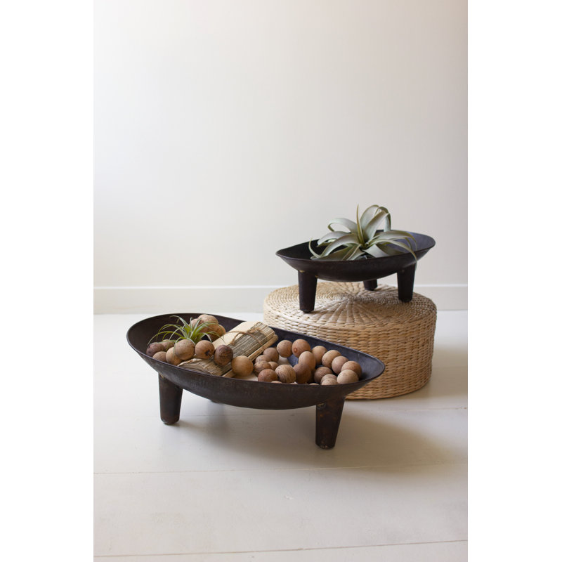  Set of Two Oval Iron Decorative Bowls Tabletop Decor Accent Brown Distressed Finish