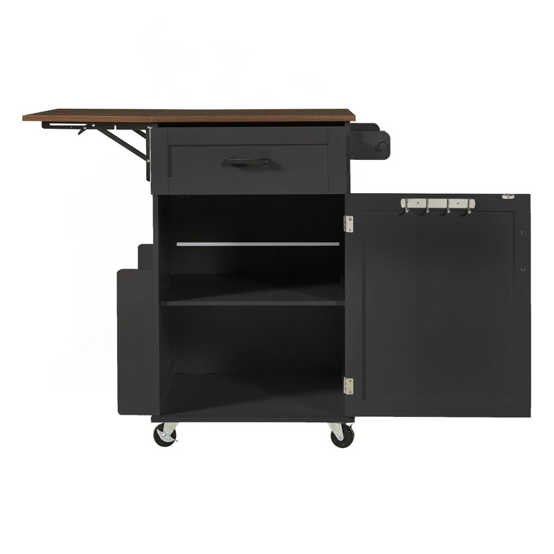 39.3" Farmhouse Kitchen Island with Drop Leaf, Open Side Rack, Drawer & Locking Wheels, Black