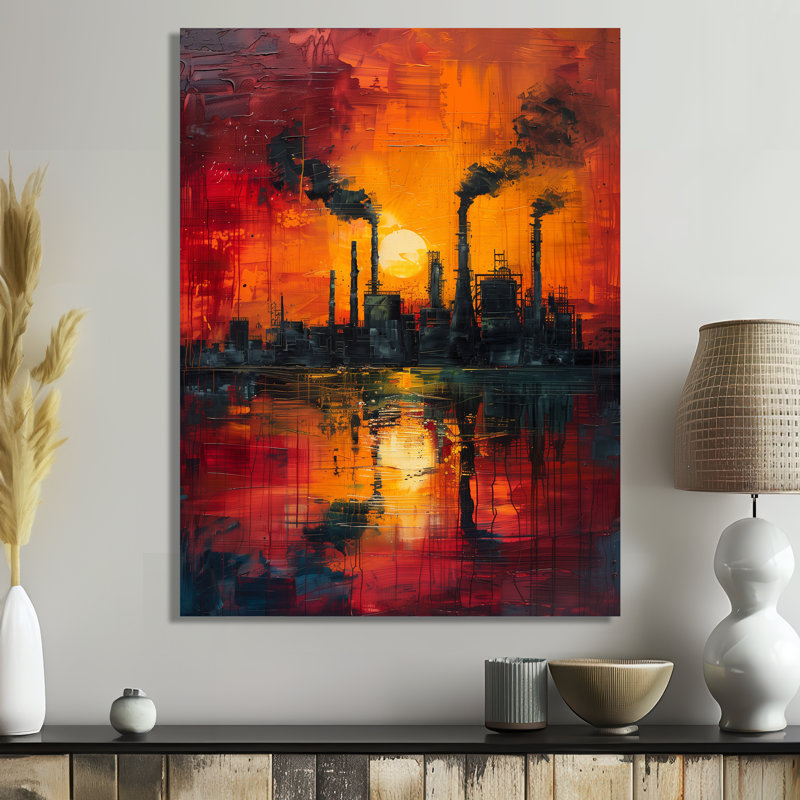Art industriel rouge «Polution I» - usines, Toile encadrée blanche avec une seule photo, H 40 po x l 30 po x P 1,5 po