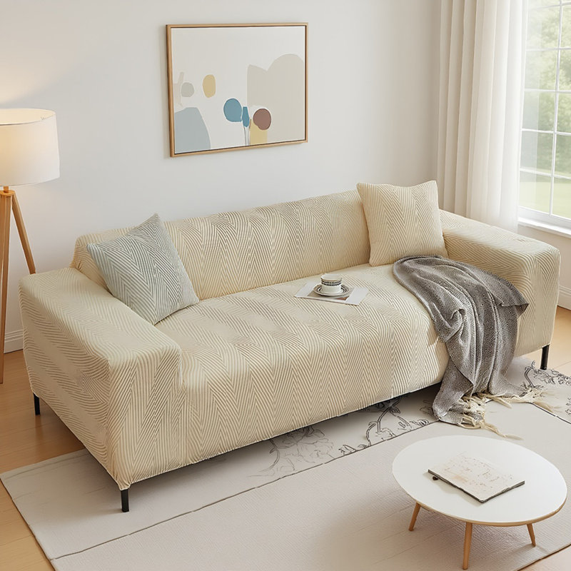 Housse extensible beige à chevrons pour canapé deux places, une pièce, 185 cm de large, lavable à la machine, Beige