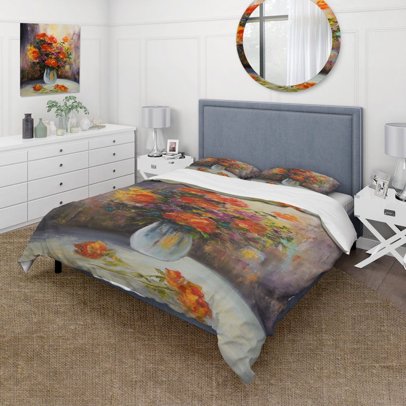 Nature morte avec fleurs rouges et jaunes - ensemble de housse de couette traditionnel - microfibre de polyester