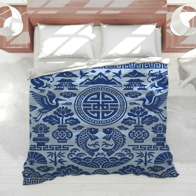 Blue Asian Motif Comforter, Twin Extra Long