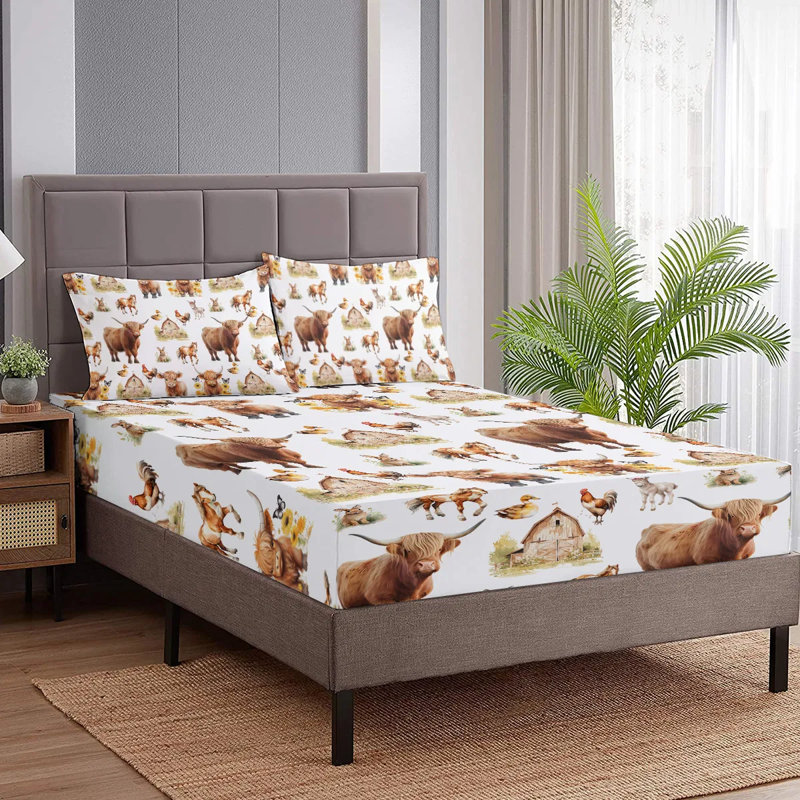 Ensemble de literie pour enfant 3 pièces Little Cow and Duck, drap-housse à thème animal mignon avec 2 taies d'oreiller, draps en microfibre douce pour chambre d'enfant