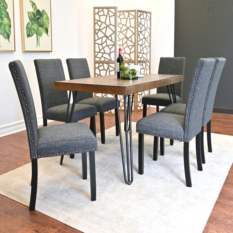 Ensemble de salle à manger 7 pièces: table en épingle à cheveux et 6 chaises, Gris foncé