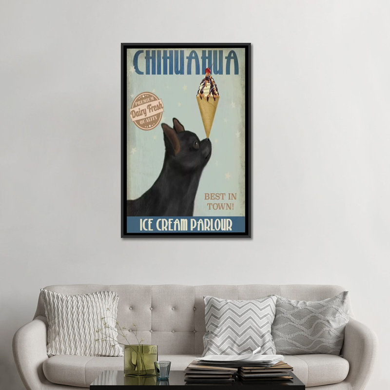 « chihuahua ice crème », reproduction d’impression sur toile tendue Fab Funky, Toile avec cadre noir, Pas de tapis