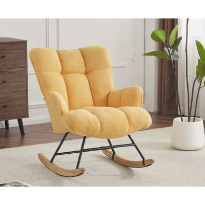 Teddy Upholstered Rocking Chair, High Back Glider Rocker Armchair with Solid Wood Legs for Living Room, Bedroom, Nursery