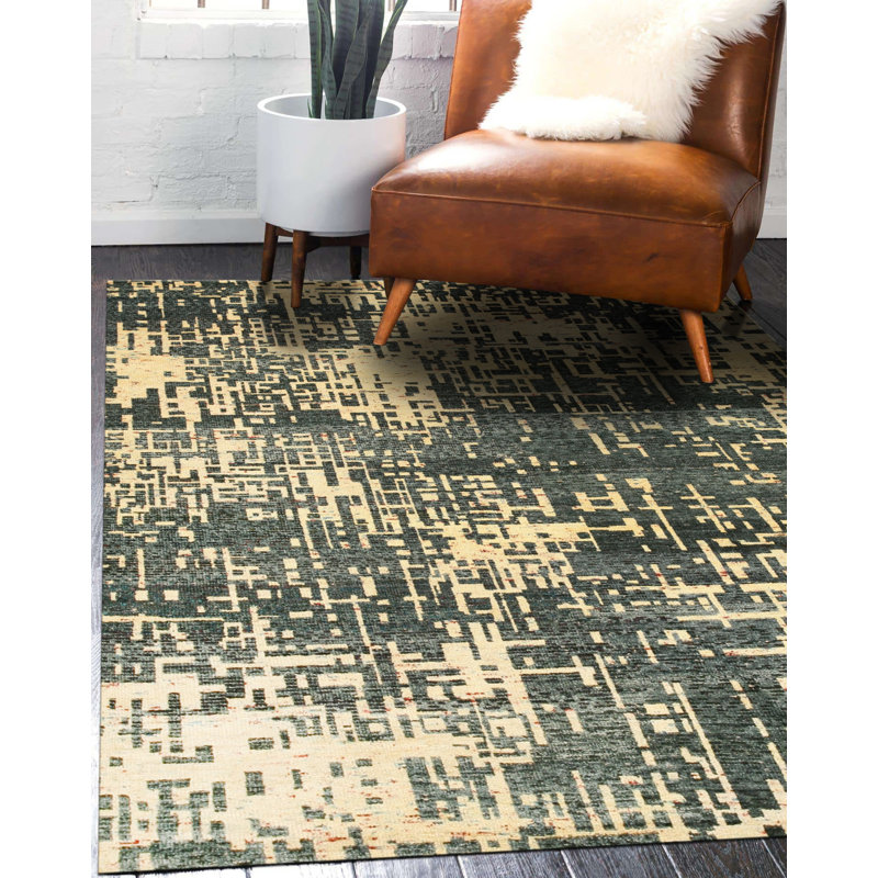 Tapis bleu sari en soie noué à la main Elena, 9 pi x 12 pi
