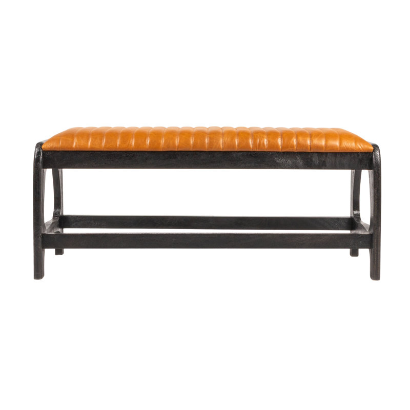 Brady Mango Wood Arch Bench, Brown Leather