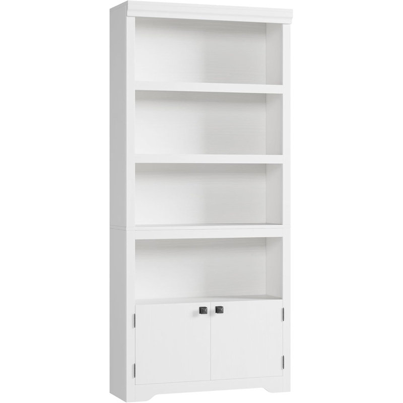 5-Tier Farmhouse Bookshelf, 69” Tall Bookcase with 2 Doors & Adjustable Shelves, Wooden Open Display Storage Rack for Home Office, Living Room & Study (23.6”W)