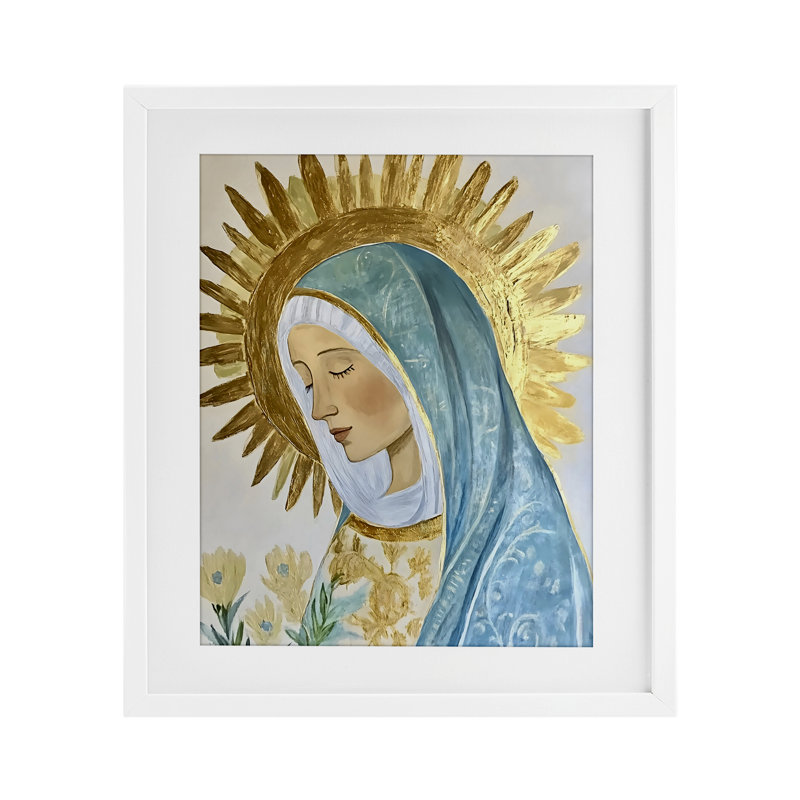 Sainte Marie en doré encadré sous verre, design par Franklyn Gregory, H 16 po x l 13 po, Cadre blanc côtier