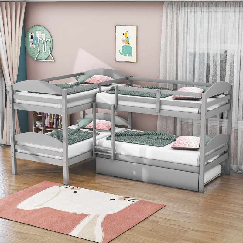  Donyale Twin over Twin and Twin L-Shaped Bunk BedWood Bunk Bed With Trundle, Gray