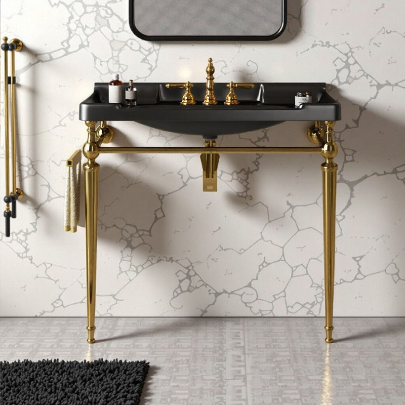 Lavabo de console de salle de bain mural moderne avec pieds de support autoportants et barre à serviettes - Lavabo en céramique facile à nettoyer, 3 trous de robinet pré-percés, robinet non inclus