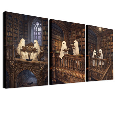 Ensemble de 3 toiles murales en bois représentant trois fantômes lisant des livres, idéal pour Halloween.