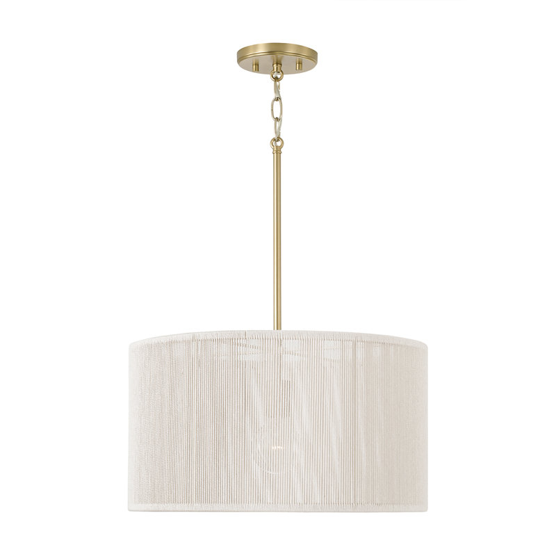 18" W x 10" H 1-Light Handcrafted Drum Pendant in Matte Brass with Hand-wrapped Bleached Natural Rope, 18"W x 10"H