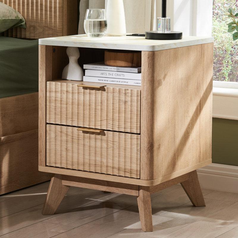 Hardester Vintage 2 - Drawer Nightstand with Charging Station, Bedside Table with Open Shelf, Tan