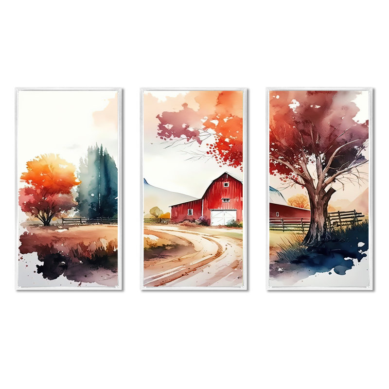 Calm Red Barn In Spring VII - 3 pièces sur toile, Cadre blanc, H 32 po x l 48 po x P 1 po