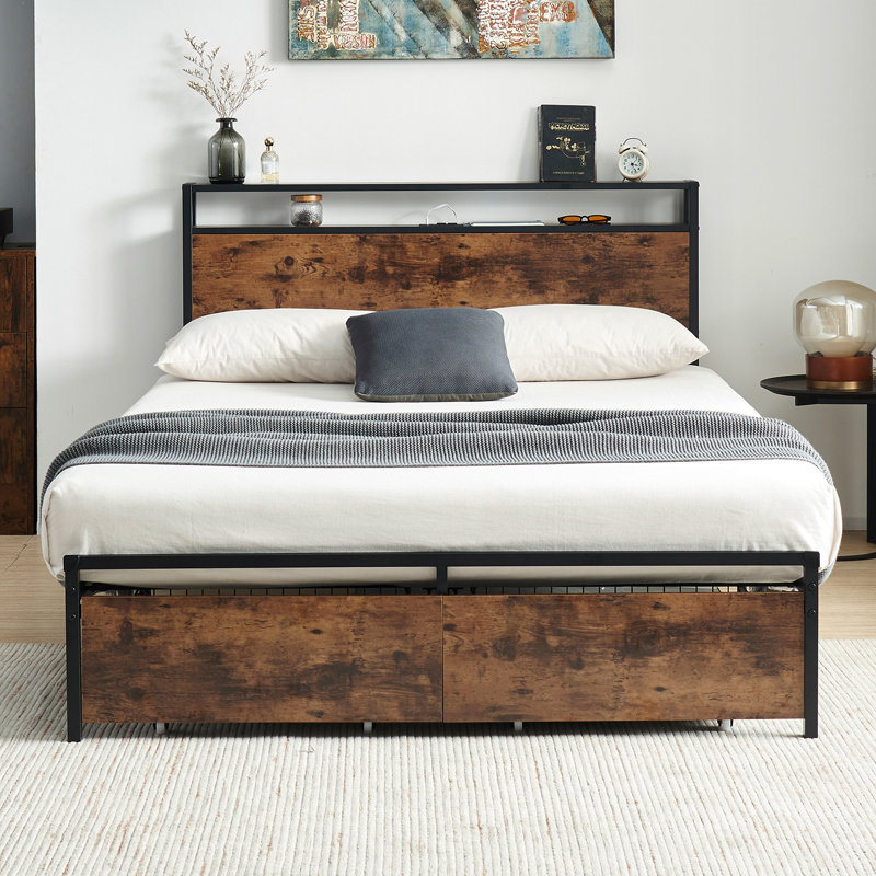 Bed Frame with 2 Drawers, Storage Headboard with Charging Station,Platform Bed, No Box Spring Neede, Full