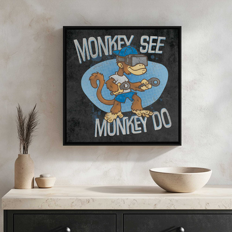 Reproduction d'art «Monkey See, Monkey Do» par Lauren Rader, Toile avec cadre, L 12 po x H 12 po, Blanc