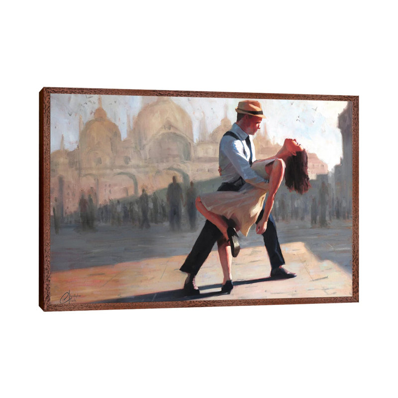 Dancing In The Piazza by Christopher Clark - Floater Frame Print on Canvas, Classic Brown Wood Framed Canvas