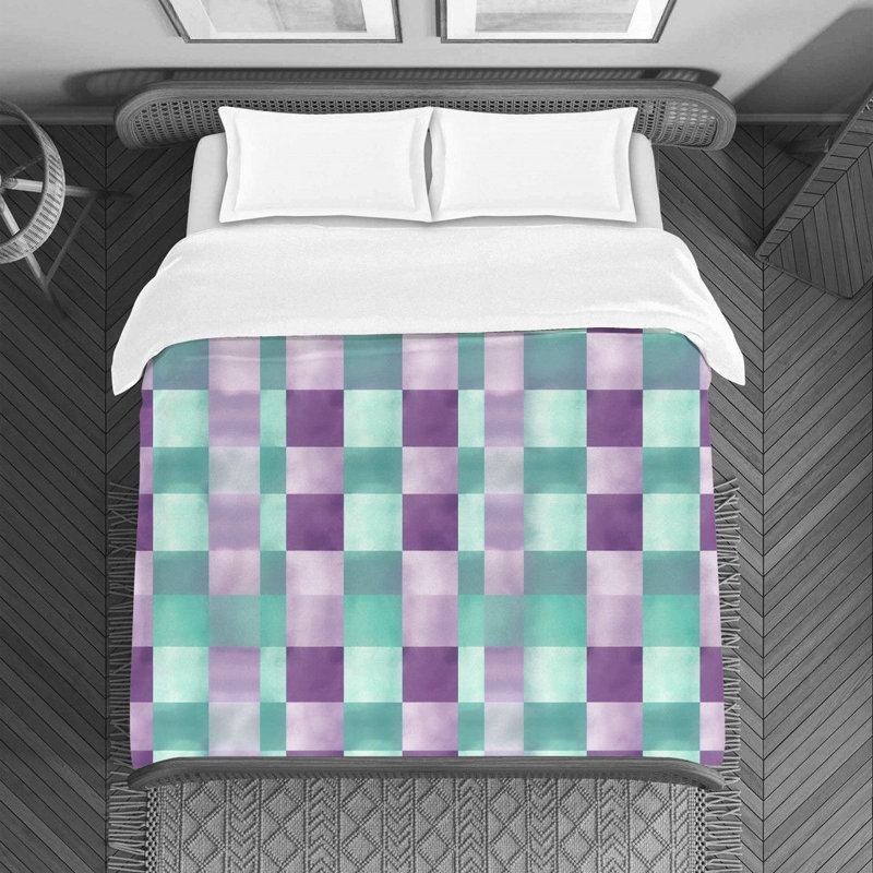 Housse de couette à carreaux mauve / turquoise, Housse de couette pour lit simple