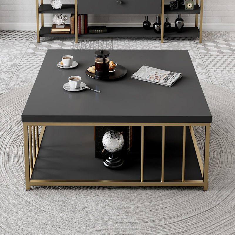 Modern Coffee Table, Anthracite & Gold, 35.4 x 35.4 x 15.7 inches | 100% Melamine Coated Particle Board, Top Thickness: 1.4 inches | Sturdy Metal Legs, Stylish Design for Living Room, Chic & Glam Décor